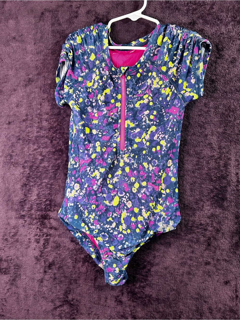 Under Armour Girls Navy One-Piece Swim with Pink and Yellow Splatter